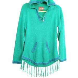 ALPACA CONNECTION Women's Hoodie Sweater XL Green Fringe Boho Hippie Aztec